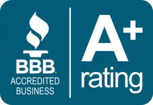 BBB Accredited Business logo next to large text displaying TLC Drain's A+ rating on a teal background.