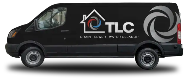 A black van with the TLC Drain logo and text reading "Drain • Sewer • Water Cleanup" on the side.