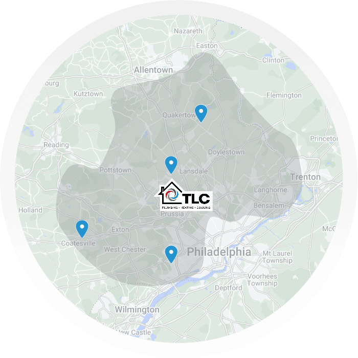 A map centered on Philadelphia shows TLC’s service area shaded, with blue markers in Quakertown, Doylestown, Coatesville, and Lansdale. The TLC logo is at the center—contact us to learn more about coverage in your area.