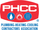 PHCC logo featuring icons for water, fire, air, and a TLC Drain above the text "Plumbing-Heating-Cooling Contractors Association" on a red and blue background.