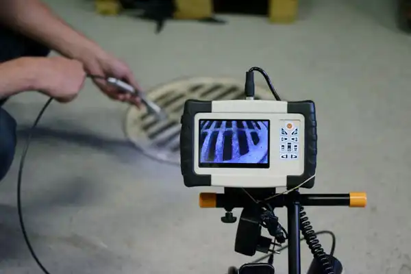 A person operates a sewer inspection camera, with the monitor displaying an image of a drain grate.