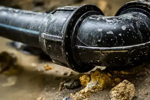 Close-up of a black plastic water pipe with an elbow joint, partially buried in wet soil and surrounded by small rocks.