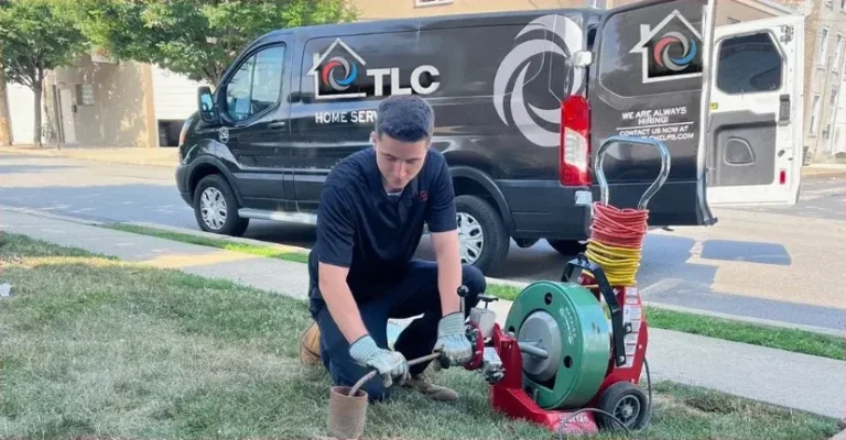 A worker operates a drain cleaning machine on a lawn near a curb, with a TLC Home Services van parked in the background.