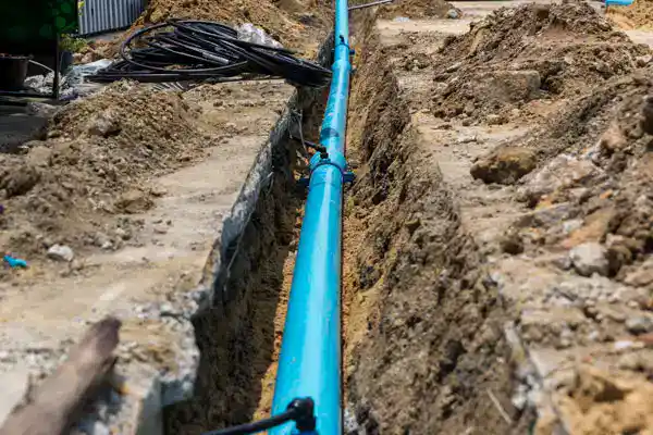 A blue plastic water pipe is laid in a trench at a construction site, surrounded by piles of soil and some construction materials.