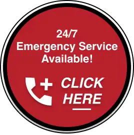 Red circular button with white text reading "24/7 Emergency Service Available! CLICK HERE" and a phone icon, highlighting TLC Drain's immediate, clickable emergency contact service.